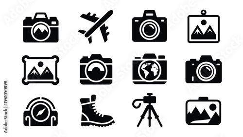 Collection of travel and photography icons including cameras tripod airplane and hiking boot on white background