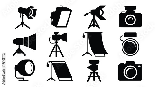 Vector illustration of various photography equipment icons including cameras lights and reflectors on a white background for design and creative projects