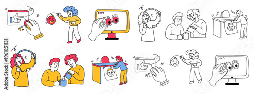 creative people making funny pranks with coffee and computer screen stickers