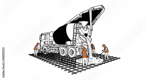 Workers pour concrete from mixer truck onto rebar grid