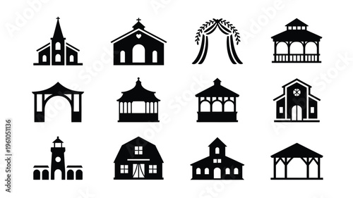 Collection of black vector icons featuring various pavilions gazebos and buildings with different architectural styles on white background