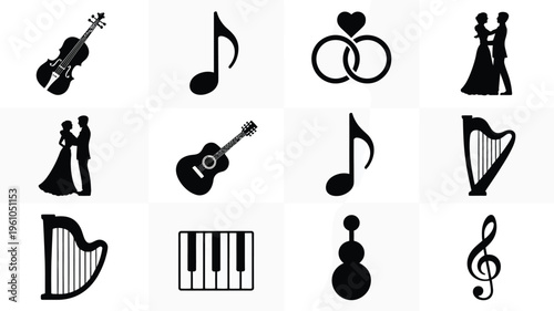Elegant black silhouettes of musical instruments and wedding icons on white background representing love and harmony