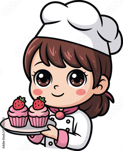 Cute cartoon baker girl holding a tray of pink cupcakes with strawberries, wearing a chef hat and uniform in a playful illustration.
