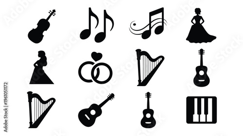 Black vector icons of musical instruments and wedding symbols on white background music and love concept