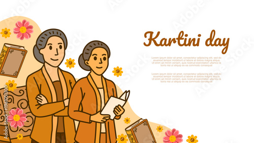 two indonesian women wearing kebaya reading book and standing for kartini day