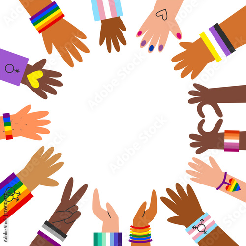 Circle frame template with diverse hands with LGBT flags and symbols. Concept of diversity, inclusion, pride month, equality, identity and support for the LGBTQ community.