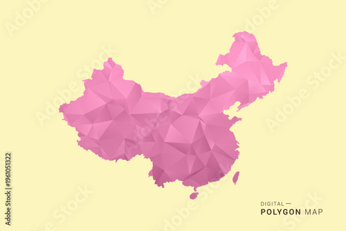 China Map - Low poly polygon map design in soft pink pastel gradient on beige background, modern minimal geometric style, clean digital vector illustration.