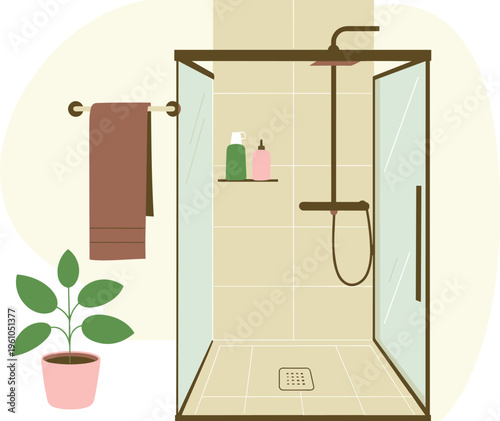 Minimalist shower stall with plant, towel, and shampoo bottles for bathroom and home decor designs.