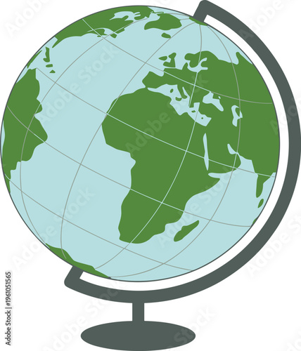 Minimalist vector illustration of a globe with green and blue colors for geography and global themes.