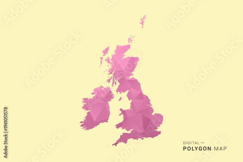 United Kingdom Map - Low poly polygon map design in soft pink pastel gradient on beige background, modern minimal geometric style, clean digital vector illustration.