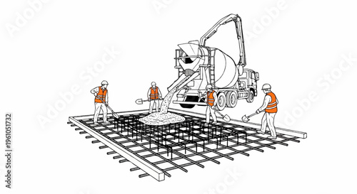 Workers pour cement from a truck onto a steel grid foundation