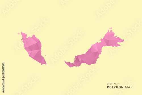 Malaysia Map - Low poly polygon map design in soft pink pastel gradient on beige background, modern minimal geometric style, clean digital vector illustration.