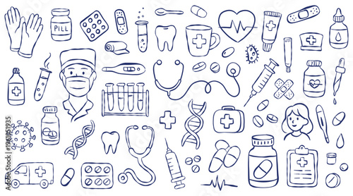 Medical and healthcare doodle icon set. Hand-drawn sketches of doctor, stethoscope, pills, syringe, DNA, ambulance, and first aid kit. Isolated linear vector illustrations for health design.