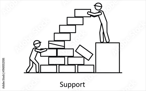 Two individuals collaborating to build a tower of blocks representing teamwork and support