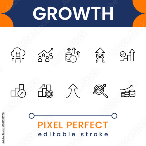 Growth and success icon collection with progress charts, financial increase and business development symbols modern minimal vector design