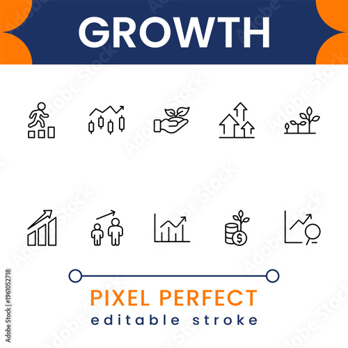 Growth and success icon collection with progress charts, financial increase and business development symbols modern minimal vector design