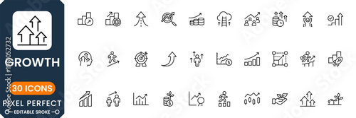 Business growth and progress icon pack featuring financial increase, success charts and development symbols clean vector set