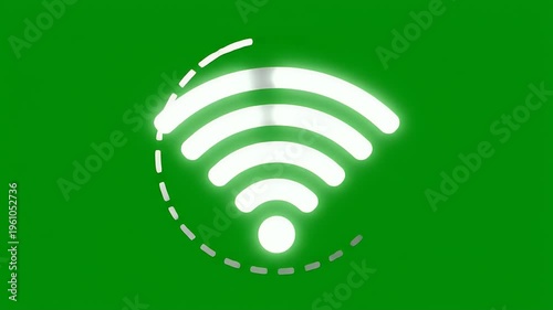 A minimalist gray wireless signal icon with a dashed circle on a bright green background