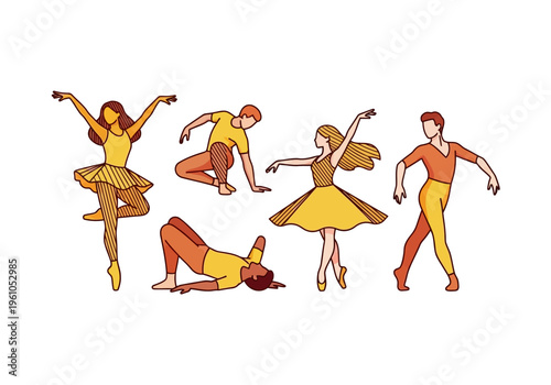 Diverse group of dancers performing various ballet and contemporary dance moves in yellow and orange outfits.