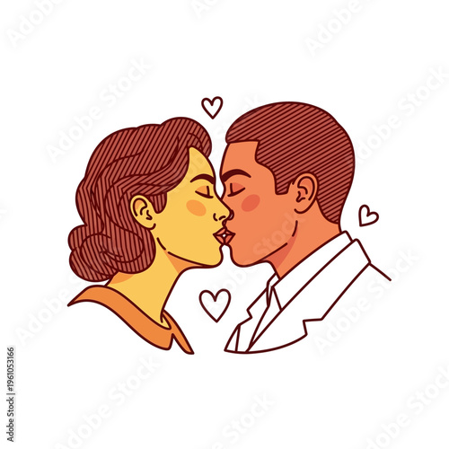 A man and a woman with closed eyes sharing a romantic kiss, surrounded by small hearts, in a vintage illustration style.