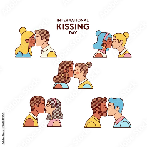 Diverse couples celebrating International Kissing Day with various illustrations of people kissing.