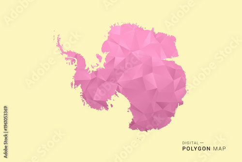 Antarctica Map - Low poly polygon map design in soft pink pastel gradient on beige background, modern minimal geometric style, clean digital vector illustration.