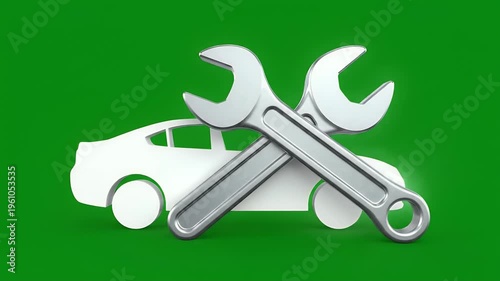 Crossed silver wrenches overlap a white car silhouette on a solid green backdrop