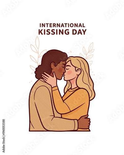 Illustration of two diverse people, a man and a woman, sharing a tender kiss, celebrating International Kissing Day with subtle botanical accents.