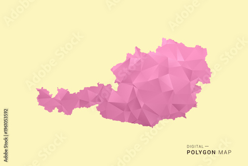 Austria Map - Low poly polygon map design in soft pink pastel gradient on beige background, modern minimal geometric style, clean digital vector illustration.