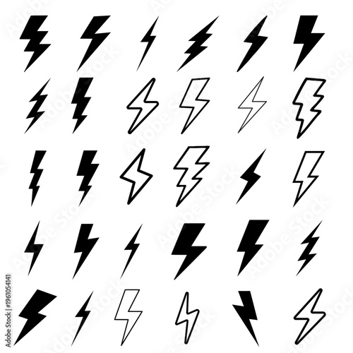 Lightning bolt icons set. black outline of flash lightning bolt icon. vector illustration.