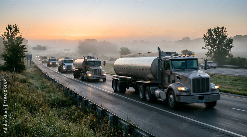 Obraz premium Truck convoy on highway at sunrise, transport logistics