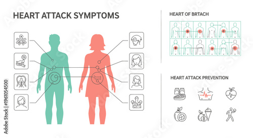 Heart Attack Symptoms in Men and Women Infographic with Warning Signs and Prevention Tips for Cardiovascular Health Education and Medical Awareness