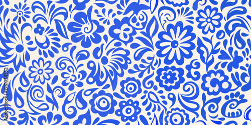 Intricate blue and white floral pattern with swirling decorative elements