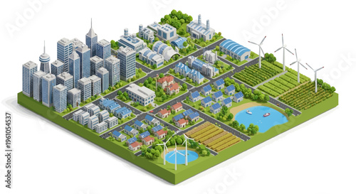 Sustainable Isometric Smart City Map with Green Energy, Solar Panels, Wind Turbines, and Urban Planning Concept