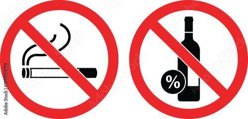 Simple prohibition signs clearly indicate restrictions against smoking tobacco and consuming.