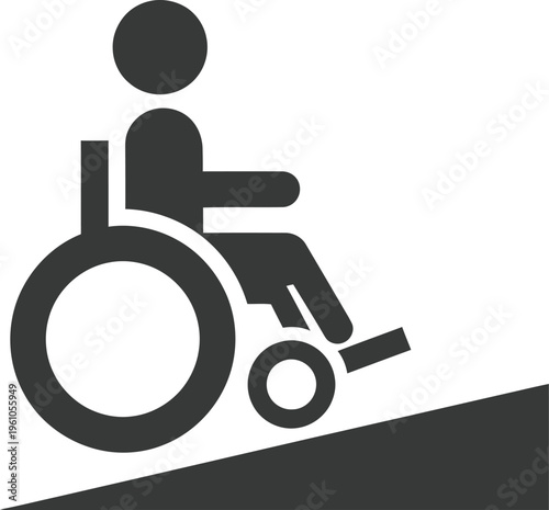 A stark pictogram shows a person using a wheelchair ascending an accessibility ramp, symbolizing.