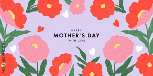 Mother's Day card. Trendy banner, poster, flyer, label or cover with flowers frame, abstract floral pattern in mid century art style. Spring summer bright abstract floral design template for ads promo