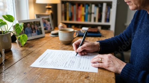 Closeup of a customer carefully filling out beneficiary designation form at a home desk soft focus on surrounding personal items.