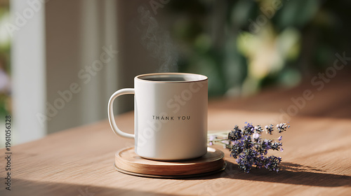 A steaming white coffee mug with a thank you message on a wooden table with a small bunch of lavender flowers