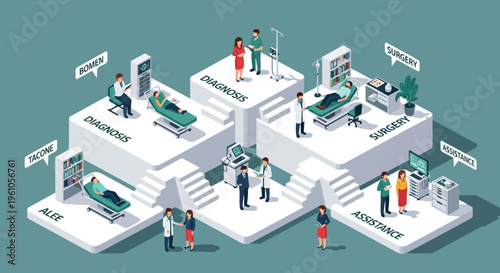 Isometric Medical Center Healthcare Illustration with Patient Diagnosis, Surgery Room, and Hospital Assistance