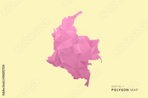 Colombia Map - Low poly polygon map design in soft pink pastel gradient on beige background, modern minimal geometric style, clean digital vector illustration.