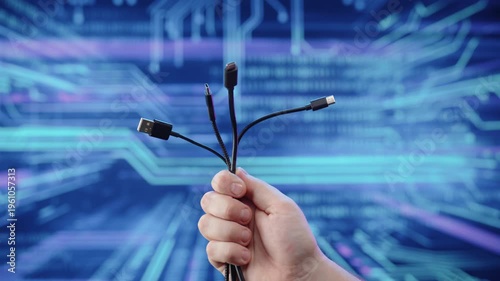 Hand holding multiple device charging cables with digital network background