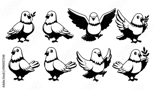 Cute Cartoon White Pigeons Set in Different Poses Wedding Peace Symbol Vector