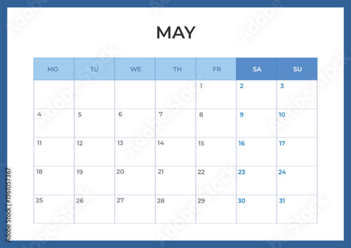 Daily planner. May 2026 minimal calendar template, week starts Monday.