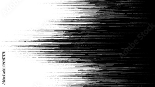 Glitchy digital distortion effect with horizontal lines transitioning from white to black digital noise and data corruption