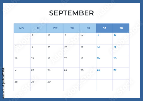 Daily planner. September 2026 minimal calendar template, week starts Monday.