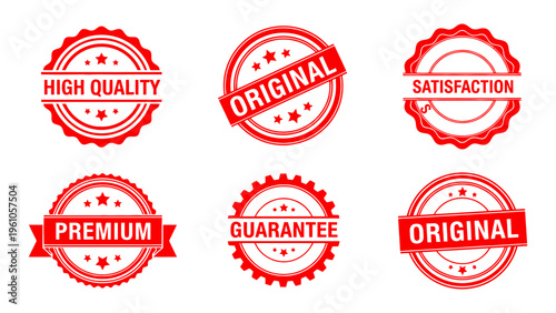 Set of red rubber stamp icons for high quality original premium guarantee and satisfaction marketing labels