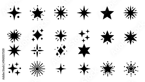 Black star icons and sparkle symbols collection for magic celebration and rating design elements