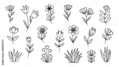 Minimalist hand drawn floral line art icons set for botanical wedding stationery and branding design