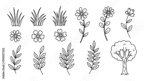 Hand drawn nature line art icons set featuring flowers tree leaves and grass for eco friendly design